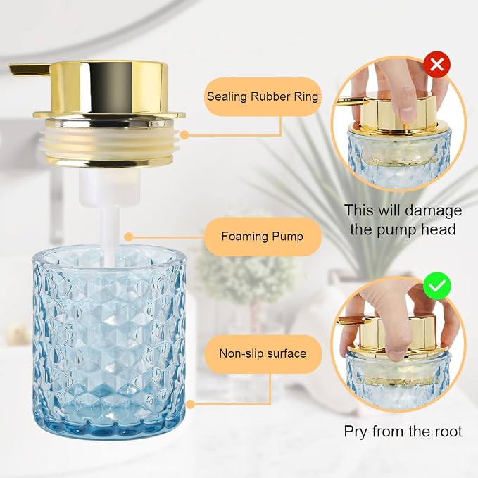 10 Oz Glass Hand Soap Dispenser with Pump, Refillable Bathroom Gold Foaming Soap Dispenser, Vintage Glass Diamond Lotion Container Bottle for Bathroom and Kitchen (2, Blue and Gold)
