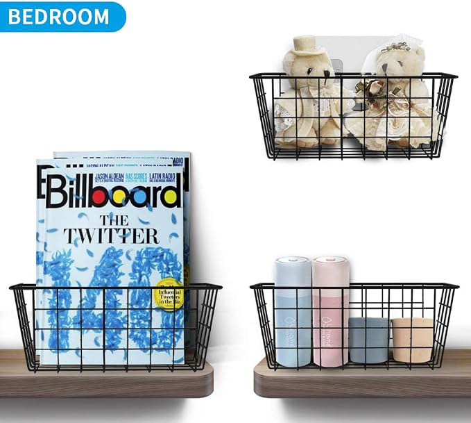 MaraFansie Hanging Kitchen Baskets, 2 Pack Wire Storage Basket Over Cabinet Door Organizer with Adhesive Hooks, No Drilling Pantry & Cabinet Organization for Kitchen Bathroom, Extra 2 Hooks, Black