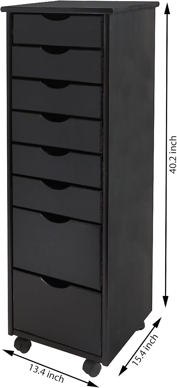Jela-USA Solid Pine Wood 8 Drawer Rolling Cart, Black