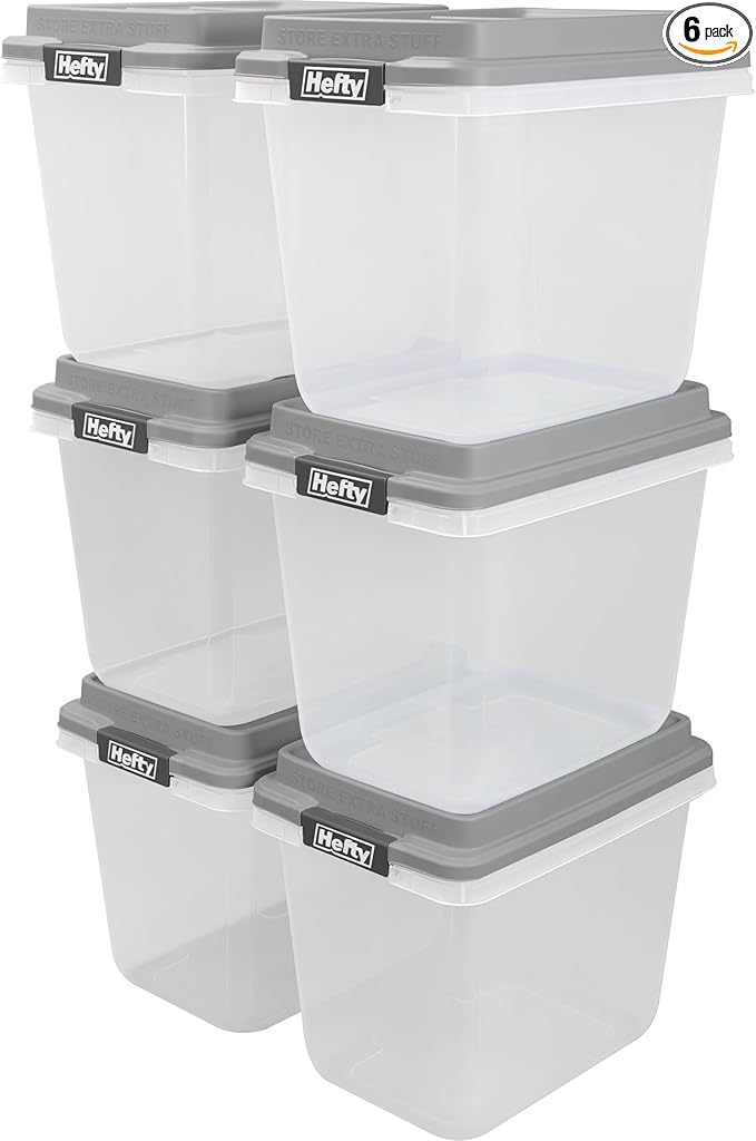 Hefty 32 Qt Hi-Rise Storage Bin with Lid, Stackable Plastic Storage Container, Organizer for Home, Garage & Closet, 6 Pack, Gray