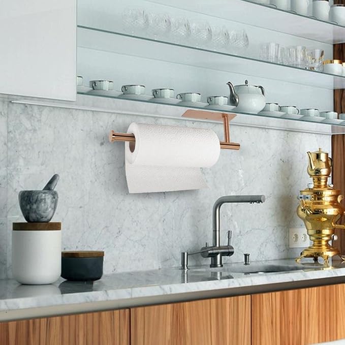 Paper Towel Holder-Under Cabinet Wall Mounted Magnetic Paper Kitchen Towel Holder SUS304 Stainless Steel 13inch Rose Gold Paper Towel Holder for Bathroom Vanity Storage Organzier