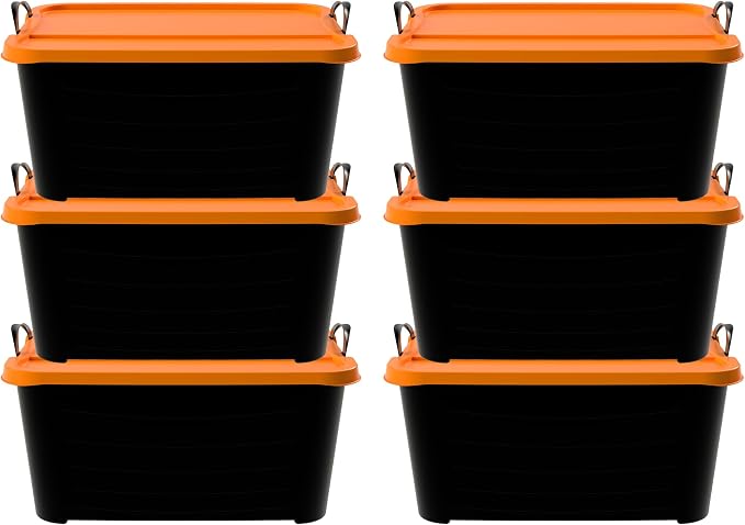Life Story 6 Pack Heavy Duty Stackable Storage Bin, 55 Quart Home Organizer, Versatile Lightweight Locking Bins with Carrying Handles, Black/Orange