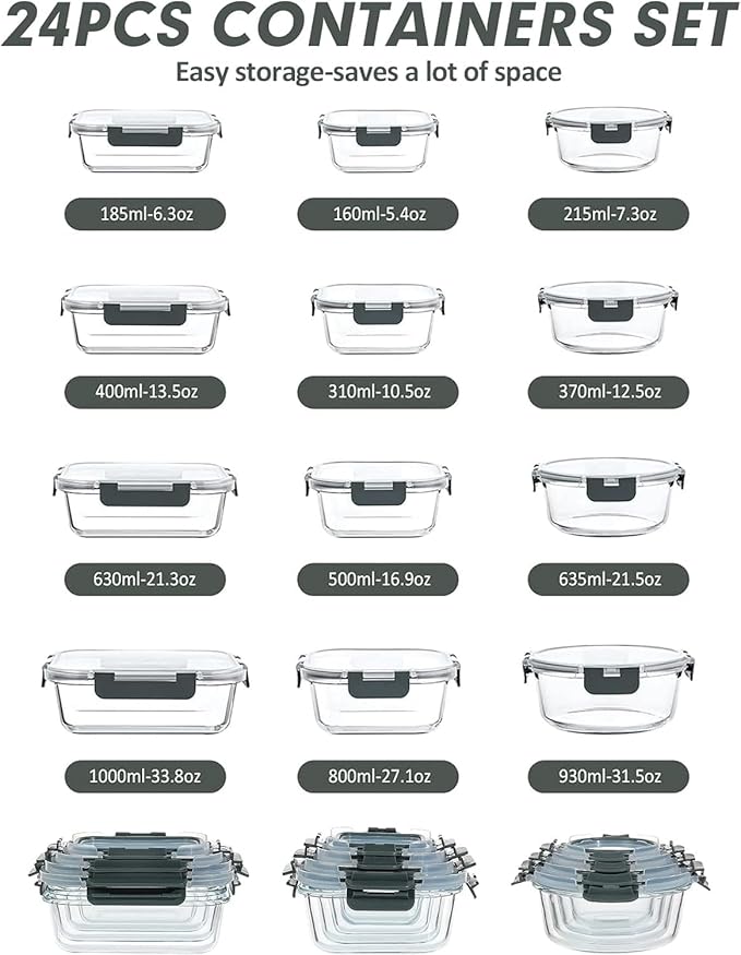 VERONES 12 Packs and 10 Pack 22OZ Glass Food Storage Containers Set, Glass Meal Prep Containers, for Microwave, Oven, Freezer & Dishwasher Friendly