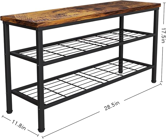 3-Tier Metal Shoe Rack with Wood Top - Durable & Space-Saving Shoe Organizer,Industrial Shoe Organizer Shelf Bench Storagefor Closet Entryway, Bedroom & Hallway - Bronze + Black 28.5 W × 18" H