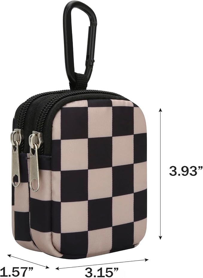 E-Tree Coin Purse with Carabiner Clip, Dual Layer Card Case Holder, Mini Pouch for AirPod Earphone Keychain USB Cable,Wallet, Small Accessories Organizer Bag for Women and Men (Brown Checkered)