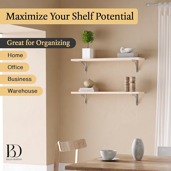 Classic Silver Heavy Duty Shelf Brackets 10 inch by Balin Designs – Chrome L Bracket, Wall Mounted Support, Shelving Metal Bracket, Decorative Shelf Brackets, with Hardware Included, Set of 4