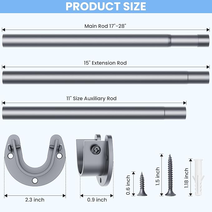 4 Pack Closet Rods for Hanging Clothes, 17 to 54 Inches No-Cut Stepless Adjustable Closet Rod, 1.3 Inches Expandable Metal Heavy Duty Closet Hanging Rod for Closet Wardrobe Bathroom, Silver