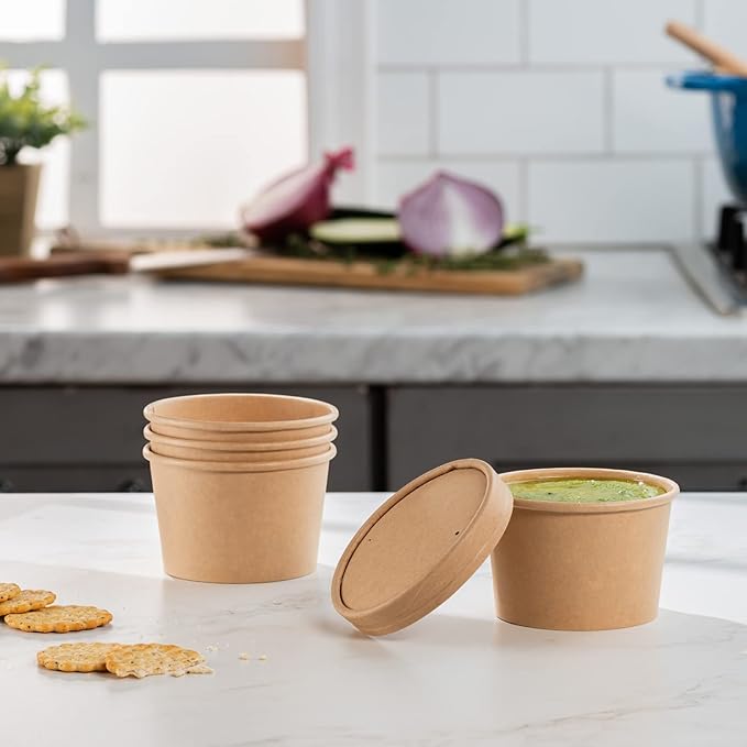 GUSTO 8 oz. Kraft Paper Food Containers with Vented Lids [50 Count] To Go Hot Soup Bowls, Disposable Ice Cream Cups, Ideal for Hot and Cold Foods - (Formerly Comfy Package)