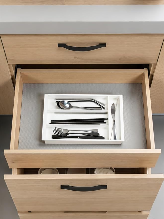 Silverware Drawer Organizer Tray (Cream) | Adjustable Small Utensil Holder for Spoon and Fork, Expandable Flatware Cutlery Tray for Kitchen Drawers