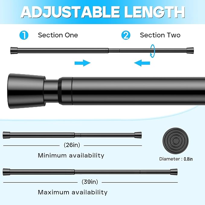 Spring Tension Curtain Rods 26-39 Inch Black 2 Pack | No-drill & tool-free setup. Fits windows, kitchens, doorways. Rust-resistant, great for light curtains.