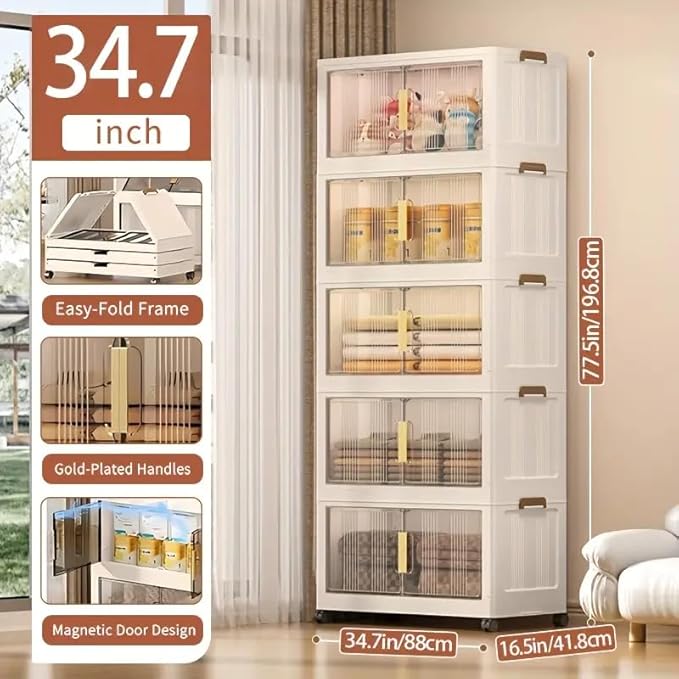Storage Bins with Lids, 5 Tier 600 QT Stackable Plastic Storage Bins, Foldable Storages Boxes with Magnetic Doors and Wheels for Clothes, Snacks, Books, Folding Containers for Home Office