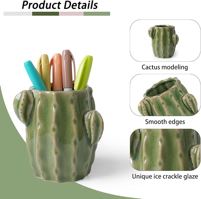 Ceramic Cactus Pen Holder, Cactus Decor Cute Pencil Holder, Makeup Brush Holder for Home, Office Desk Accessories(Light Green Cactus)