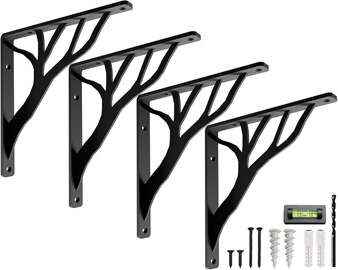 Rustic Tree Black Heavy Duty Shelf Brackets 8 inch by Balin Designs, Decorative L Brackets, Iron Metal Floating Shelf Bracket, Wall Mount Shelving Bracket, Included Hardware, Set of 4