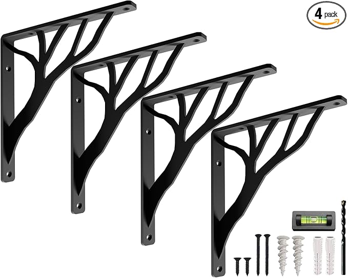 Rustic Tree Black Heavy Duty Shelf Brackets 6 inch by Balin Designs, Decorative L Brackets, Iron Metal Floating Shelf Bracket, Wall Mount Shelving Bracket, Included Hardware, Set of 4