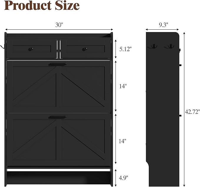 Thacuok Black Shoe Cabinet with 2 Flip Drawers & 2 Storage Drawers, Rustic Farmhouse Narrow Shoe Organizer Cabinet, Slim Shoe Rack Cabinet, Shoe Storage Cabinet for Entryway, Hallway