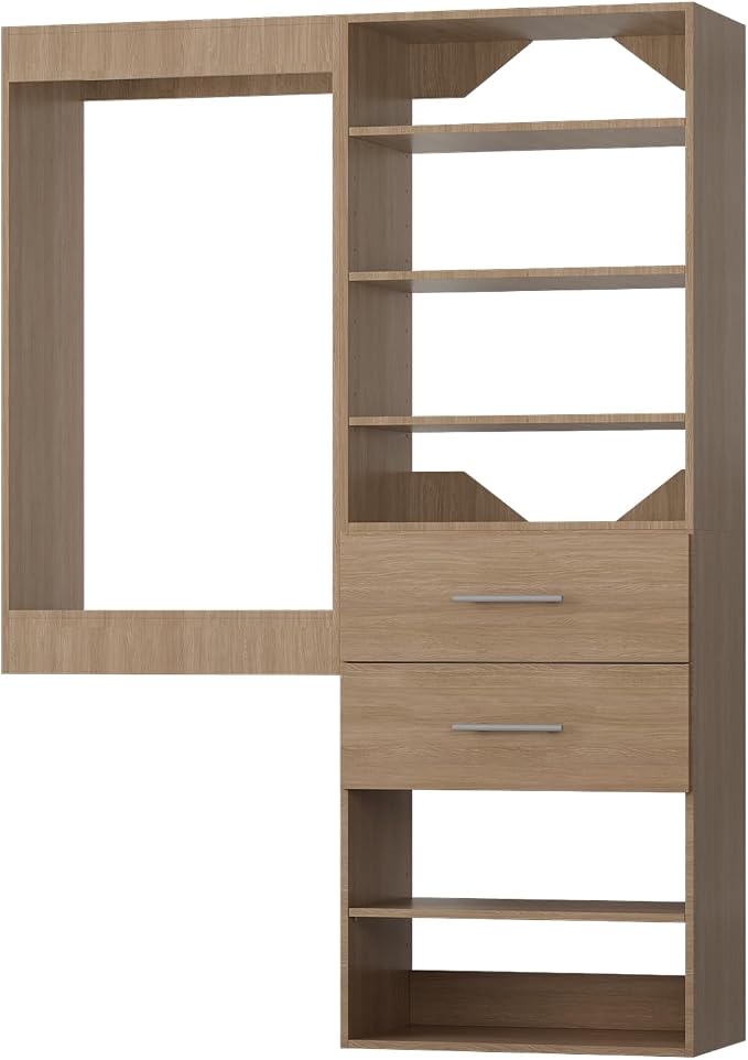 ROOMTEC Modular Closet System, 46" Wall Mounted Closet Organizer with Hanging Rods and Drawers, Wooden Tower for Walk-In Closets, Wardrobe Storage Kit, Wood