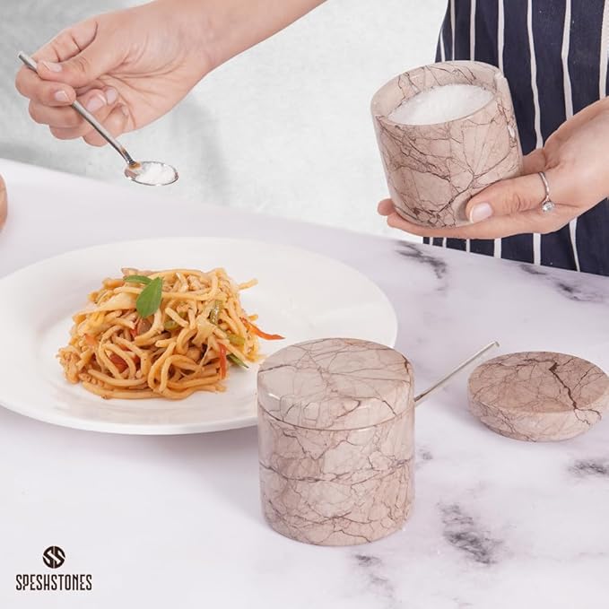 Marble Salt Cellar 3 Inch Marinara Salt Shakers Set for Kitchen, Salt Containers for Countertop, Sugar Bowl With Lid, Salt Holder, Spice Jars for Seasoning Storage, Salt Box