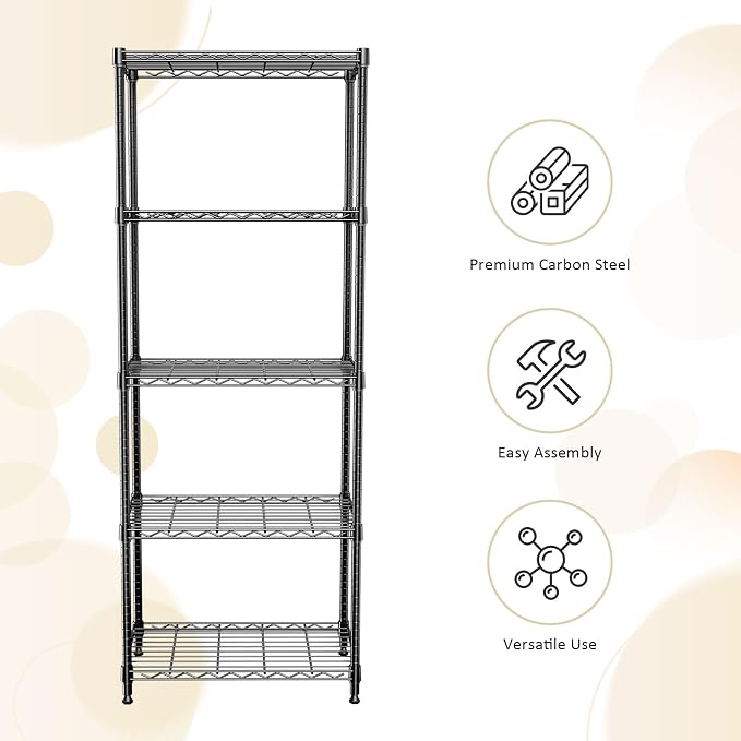 Wire Shelving Unit, 24” Metal Pantry Shelf, Adjustable Black Storage Rack | 23.6"W x 13.7"D x 53.4"H, 1000 lbs Capacity, 5-Tier Wire Storage Shelf Rack for Kitchen, Garage & Laundry Storage
