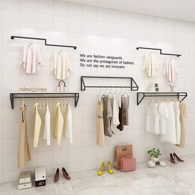 Modern Simple Men's and Women's Clothing Store Heavy Duty Metal Display Stand,Wall-Mounted Garment Rack with Wood,Clothes Rail,Bathroom Hanging Towel Rack (Black Square Tube, B-47.2" L)