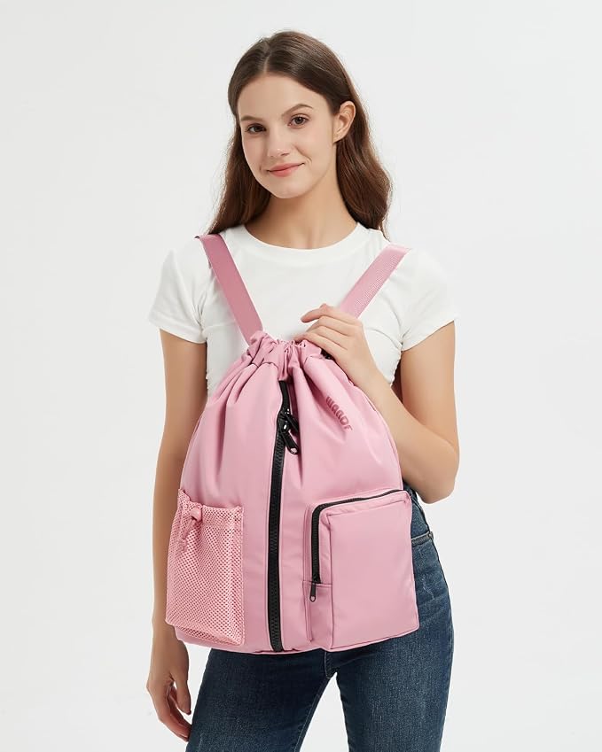 WANDF Drawstring Backpack with Shoe Compartment, Sports Gym Bag | Multi-Pocket Storage, Water-Resistant Fabric, Cinch String Bag