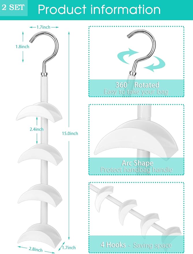 Purse Hanger for Closet - Rotating Handbag Hanging Hook Bag Storage Space Saver with 4 Hooks, Hanging Organizer for Scarf Handbag Belt, 2 PCS