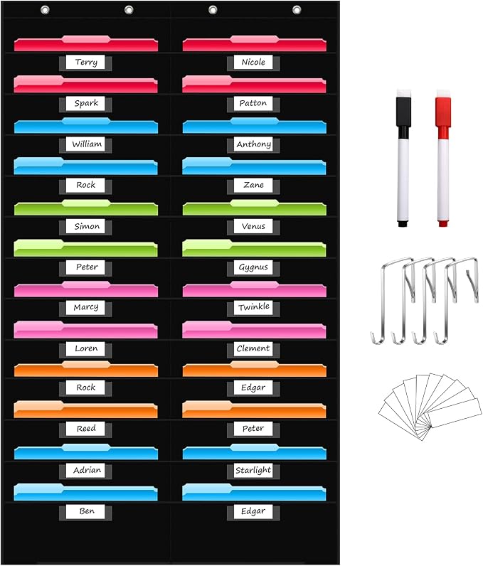 REGELETO 24 Pockets File Storage Pocket Chart with 24 Nametag Pockets, Hanging Wall File Organizer for Classroom and Office, Organize Your Assignments, Files, Scrapbooks, Paper (Black-24 pockets)