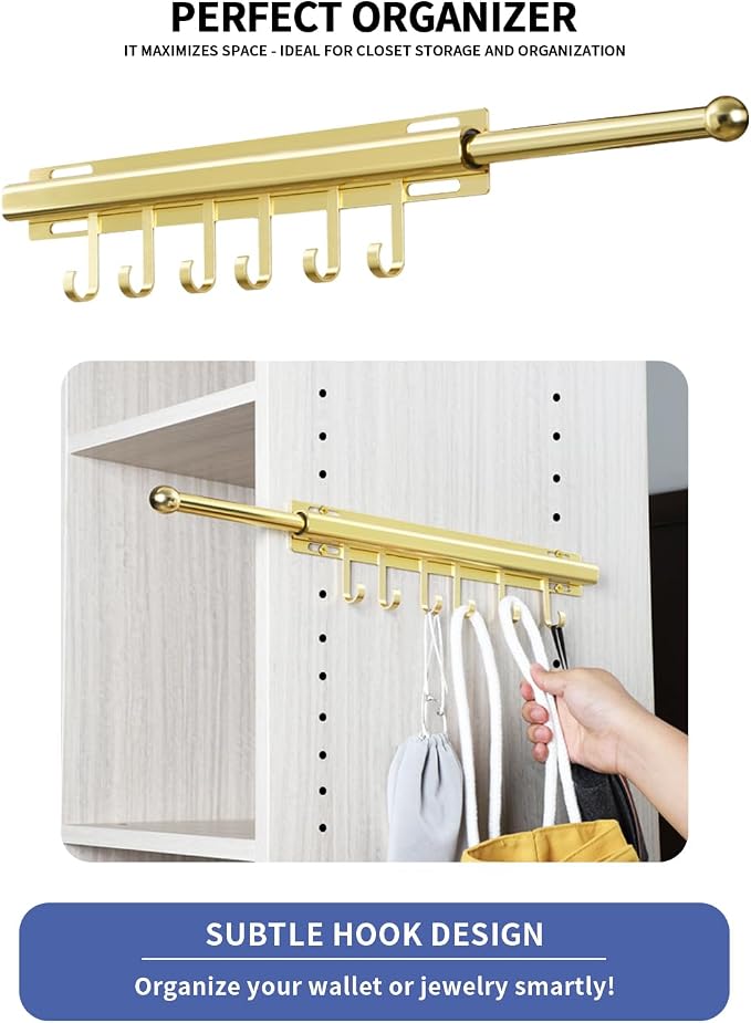 BaiNong Valet Rod for Closets Pull Out 16.5" Gold with 6 Hooks | Closet Valet Rod Slide Out for Closets, Laundry Rooms, RVs Space-Saving