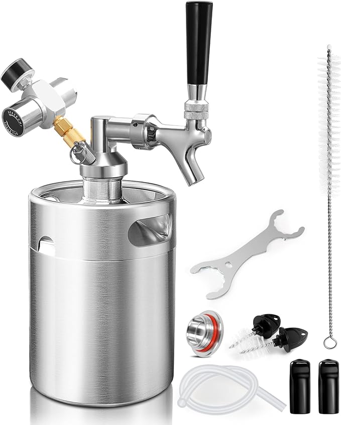 64OZ Mini Keg Growler Tap System, Pressurized Stainless Steel Beer Keg, Beer Dispenser System with CO2 Regulator & Self-Closing Faucet, Portable Beer Growler to Keep Fresh for Homebrew