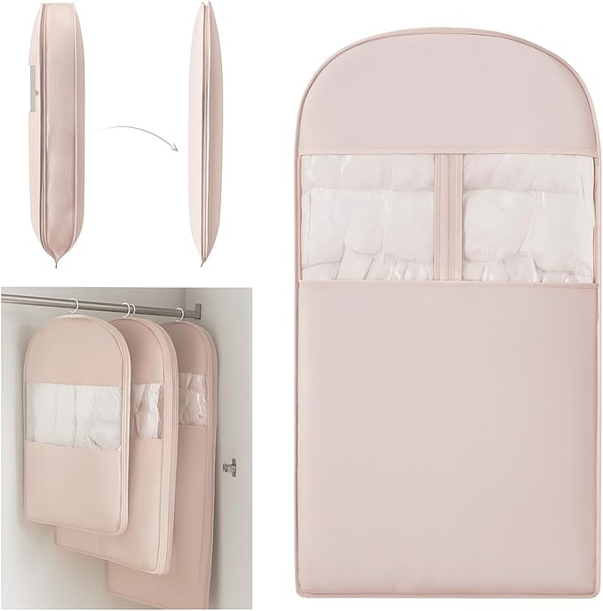 Space Saving Hanging Compression Garment Bag with Zipper for Closet Storage, Hanging Clothes Storage Bag, Garment Covers for Coats and Down Jackets, Pink, L