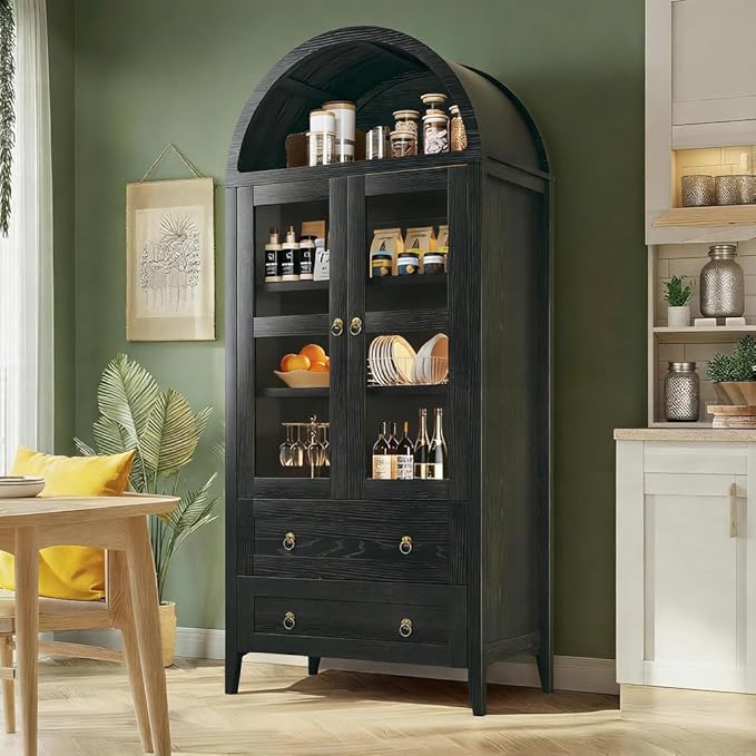 71" Tall Arched Kitchen Pantry, Pantry Cabinet, Kitchen Storage Cabinets with 2 Large Drawers & Adjustable Shelves & Glass Door for Living Room, Dining Room, Black