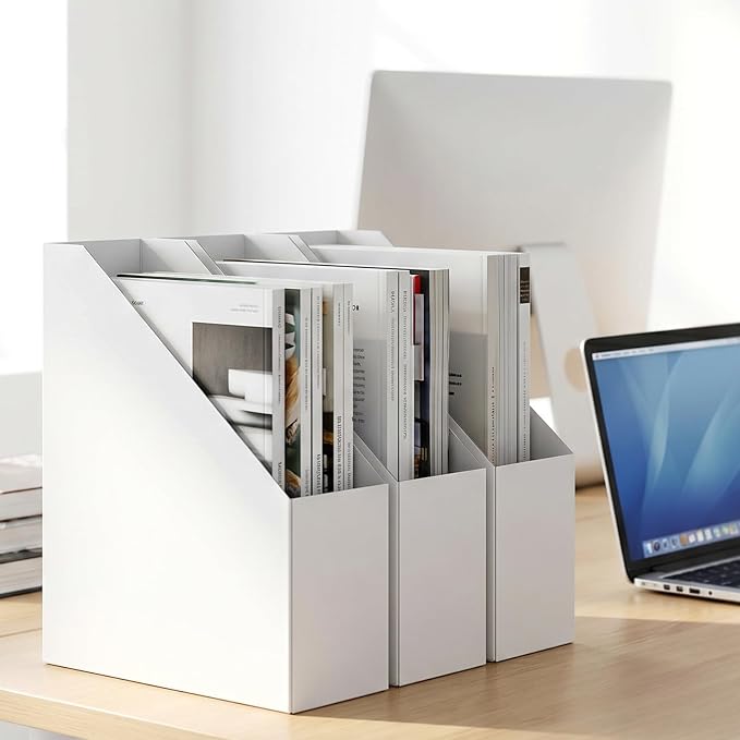 Rempry 12 Pack Magazine File Holders White, Foldable Cardboard Document Organizer Boxes with Labels, Space-Saving Storage for Office, Home, School, 10.2x3.5x10.6 Inchs