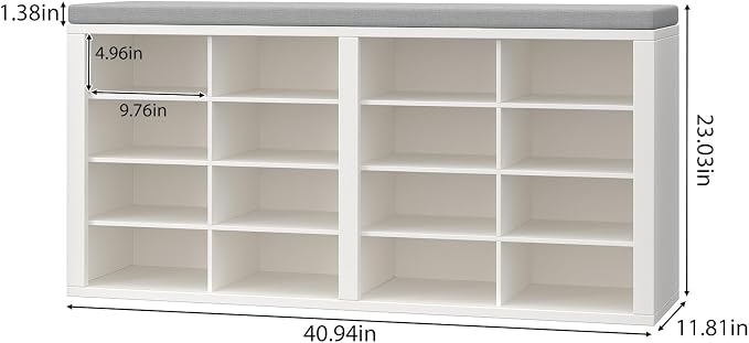 Shoe Rack Bench, Shoe Storage Bench with Cushion, Shoe Organizer 16 Cubbies for Entryway Hallway Bedroom Living Room, Holds Up to 400lbs