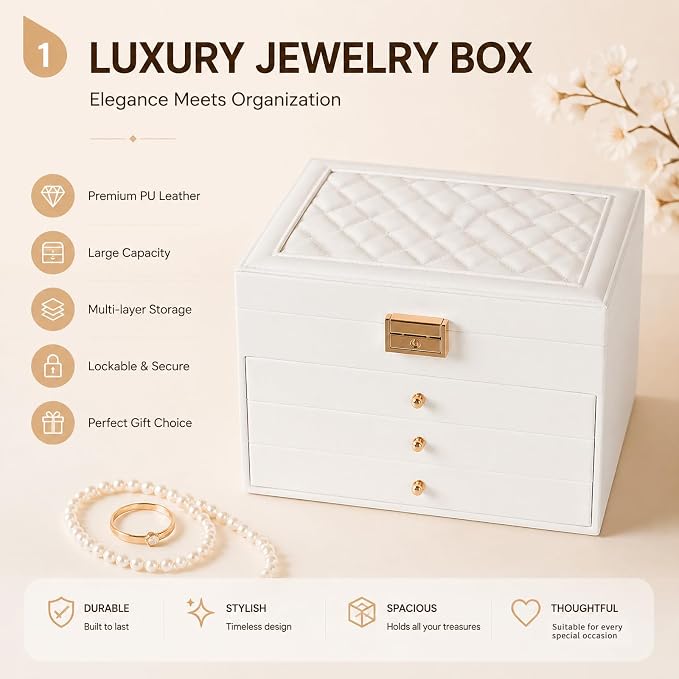 Leather Jewelry Box with Lock for Women, 4-Tier 3-Drawer Large Capacity Organizer, Vanity Storage Case for Earrings Rings Necklaces, Elegant Gift for Her (White, 9" L x 6.7" W x 7" H)
