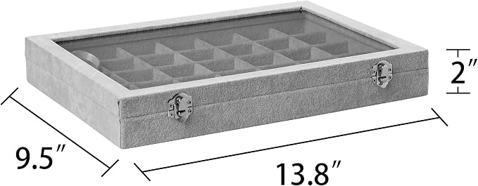 Frebeauty Velvet Jewelry Tray,35 Grid Jewelry Organizer with Clear Lid,Earring Holder Organizer Case with Clasp,Drawer Insert for Rings Studs,13.8 x 9.5 x 2 Inches,Gift for Women Girls(Grey) | Drawer Jewelry Organizer for Rings Studs Beads,Adjustable D...