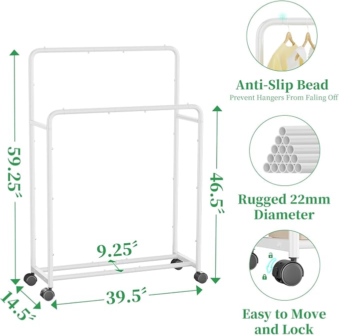 Simple Trending Clothing Clothes Rack Double Rods with Wheels, Rolling Metal Garment Rack for Hanging, White