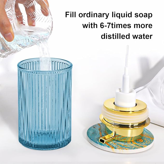 Foaming Soap Dispenser, 12 Oz Blue Glass Foam Hand Soap Dispenser, Refillable Lotion Soap Dispenser with Removable Pump for Kitchen Hand Wash Dispenser, Modern Slim Ribbed Bottle for Decor