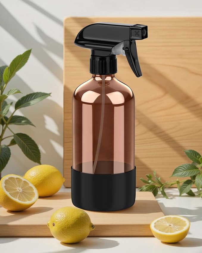 Bontip Amber Glass Spray Bottle with Silicone Sleeve Protection, 16 oz Refillable Spray Bottles for Cleaning Solutions, Plants, Aromatherapy, Facial Hydration (3, Black, 16 oz)