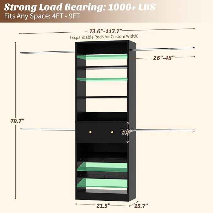 Armocity Wood Closet Organizer System - 4FT-9FT Expandable Wardrobe Closet with Drawer & 4 Hanging Rods, Heavy Duty Walk-in Closet 1000Lbs for Bedroom Walk-in Closet, Black