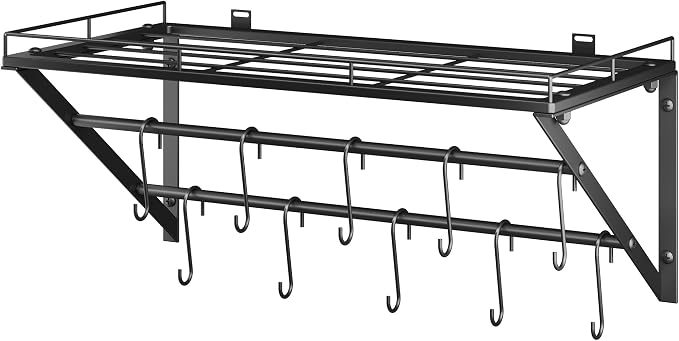 OROPY 23" Pot Rack Wall Mounted, Pot Organizer with 2 Tier Hanging Rails | Heavy Duty Pot and Pan Organizer with Storage Shelf & 12 S Hooks, Space Saving Hanging Pot Rack