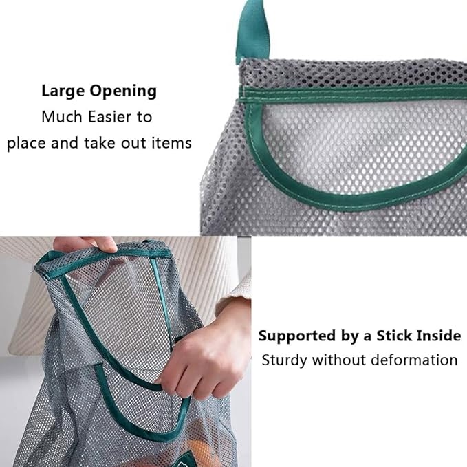 2 Pack Hanging Mesh Storage Bags (Single + Dual Pocket) Reusable Hanging Mesh Storage Produce Bags for Kitchen Storage Fruits, Onion, Garlic & Vegetables, Breathable Shopping Handbag