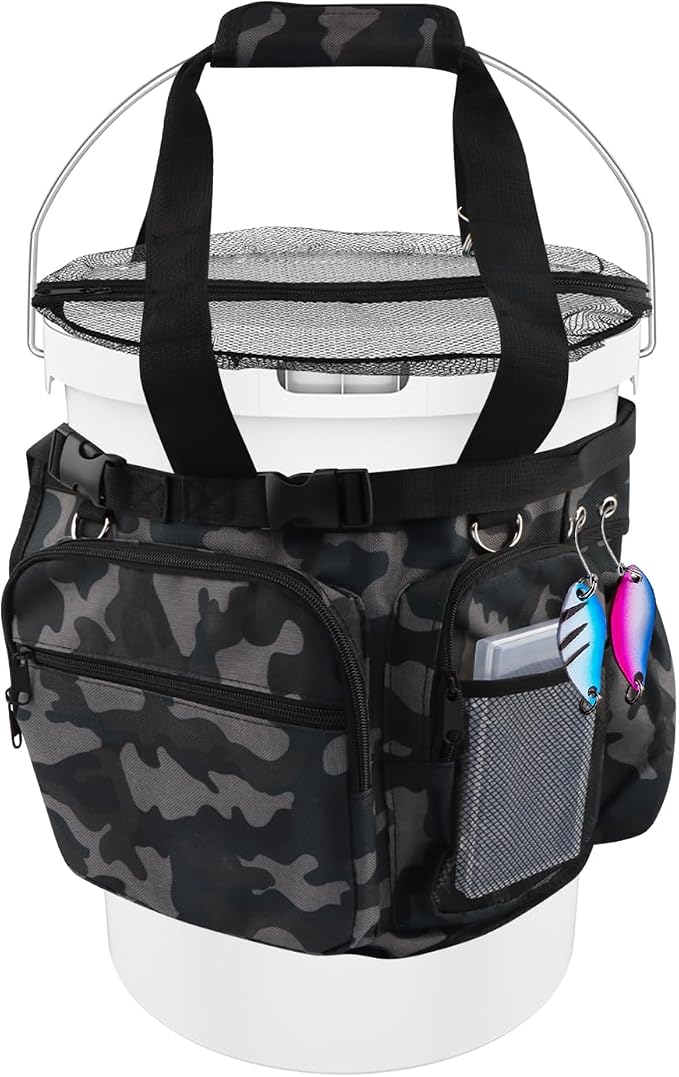 Fishing Bucket Organizer for 5 Gallon Bucket,Outdoor Ice-Fishing Tackle Bag with Bait Buckets Cover,Adjustable Buckle,Multi-Pockets for Fishing Gear & Accessories Storage