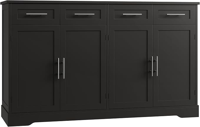 HOSTACK 60" W Sideboard Buffet Cabinet with Storage, Kitchen Cabinet, Black | 36" Tall Kitchen Buffet Storage Cabinet with 4 Drawers, Large Coffee Bar Cabinet, Modern Buffet Table for Dining Living Room