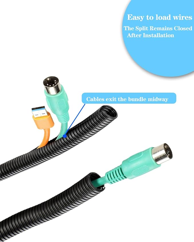 1/4 Inch Wire Loom Split Tubing - 16.5 ft Cord Protector Electric Wires Covers, Automotive Wire Flexible Conduit, Plastic Wire Cover