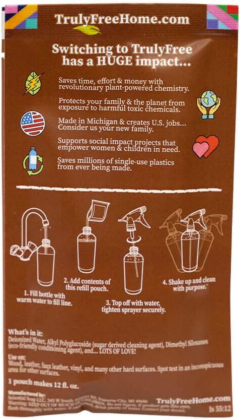 Truly Free Natural Wood Cleaner & Furniture Polish - Leather Cleaner, Vinyl, Furniture & Wood Polish, Helps Remove Water Stain, Unscented - 12 oz Reusable Empty Spray Bottle + One (3 oz) Fill Pack