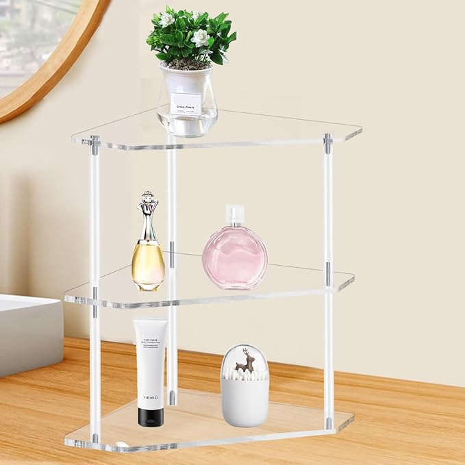 Tasybox Corner Shelf, 2 Tier Bathroom Counter Organizer Acrylic Organizer | Clear Corner Shelves, Bathroom Countertop Organizer, Plate Organizer for Cabinet Bathroom Kitchen Vanity Makeup Spice