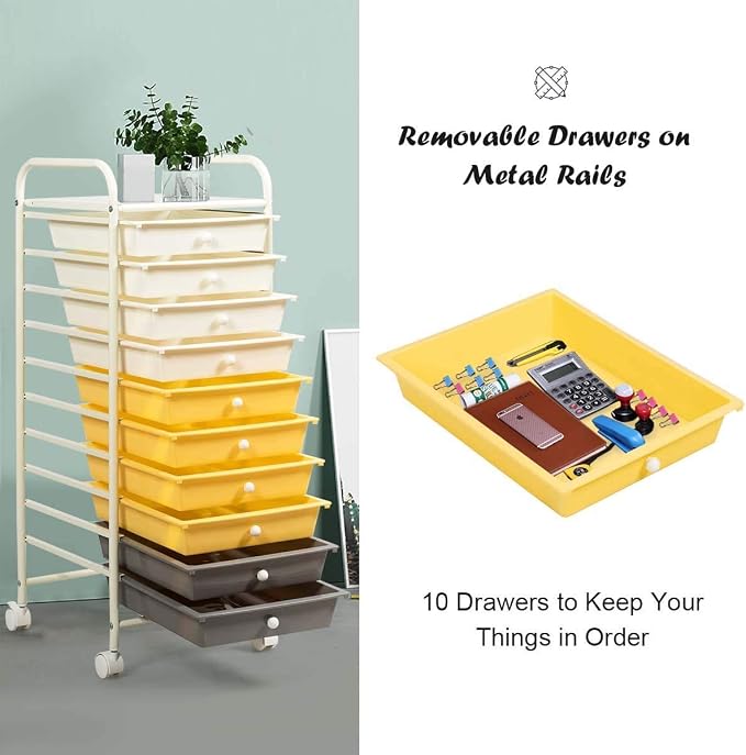 Happygrill 10-Drawer Storage Cart, Utility Cart with Removable Drawers & Metal Frame, Rolling Storage Cart with Lockable Wheels for Home, Office, Yellow
