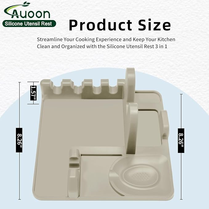 Auoon Silicone Spoon Rest with Lid Holder, 3-in-1 Kitchen Utensil Rest for Soup Ladles, Pot Lids, Spatulas, Spoons, Tongs, BPA Free & Dishwasher Safe, 8.26 x 8.06 Inch (Milk Shake, Large)