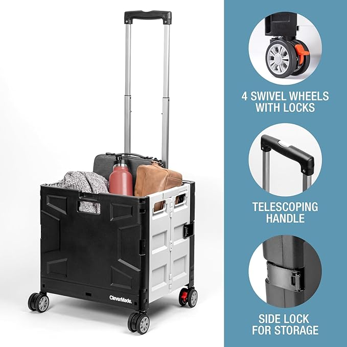 CleverMade Collapsible Rolling Cart with Handle (55L, 4-Wheel) – Folding Rolling Cart, Collapsible Crate with Wheels for Teachers, Travel, Groceries, Storage – Holds 100 lbs, Black