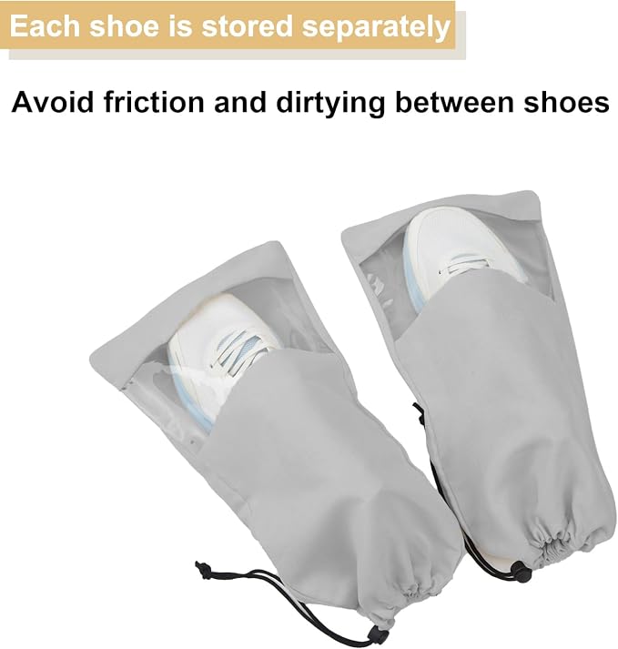 4 Pcs Single Shoe Bags for Travel, 9.1"x17.7" Drawstring Shoe Travel Bags with Clear TPU Window, Travel Organizer for Suitcase (Grey)