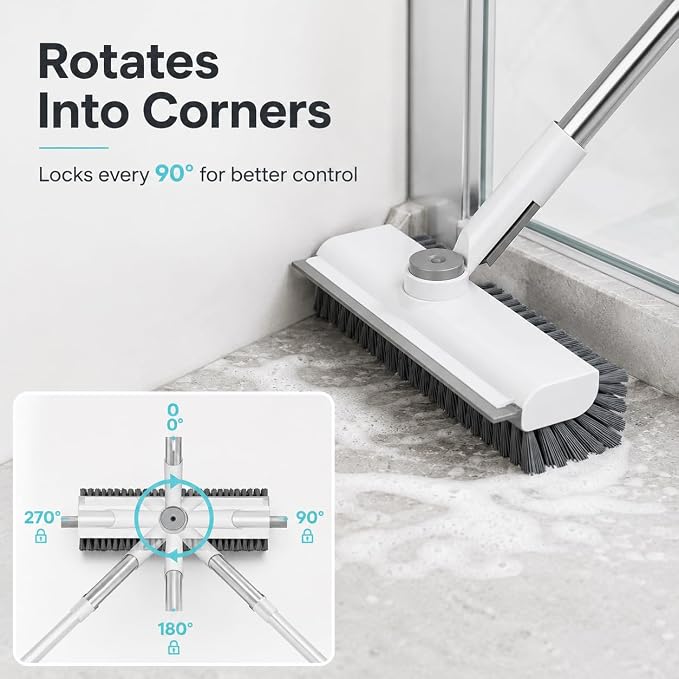 Floor Scrub Brush with 50-Inch Handle, Squeegee and Stiff Bristles | Stiff PVC bristles, 30/40/50-in stainless steel handle, 360° locking head and squeegee for tile, tubs and patios.